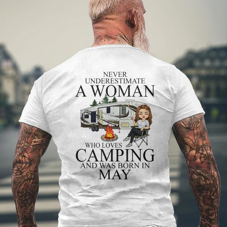 Never Underestimate A Woman Who Love Camping Born In May Mens Back Print T-shirt Gifts for Old Men
