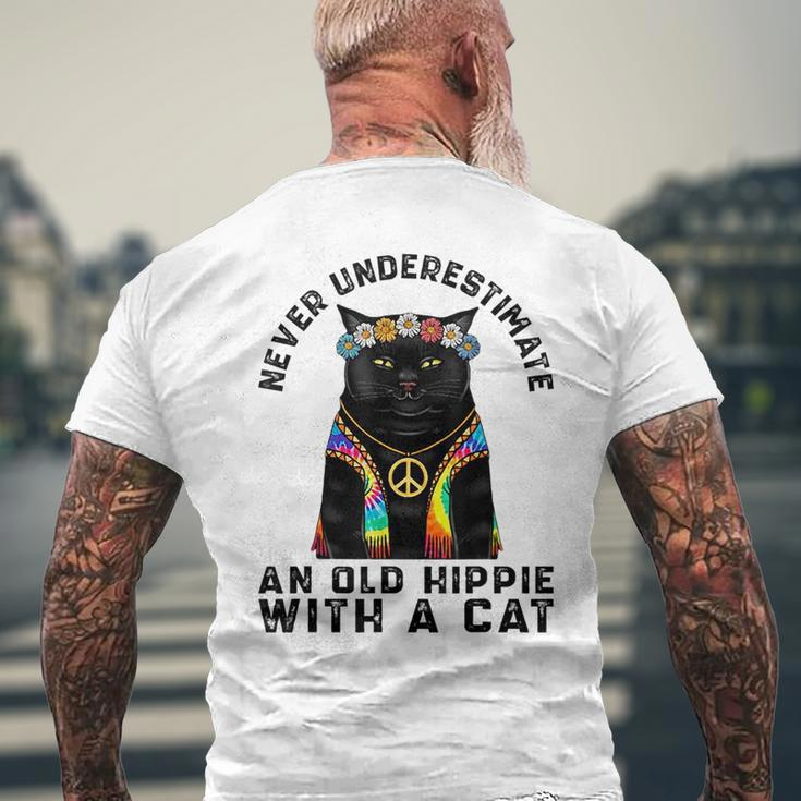 Never Underestimate An Old Hippie With A Cat Funny Vintage Mens Back Print T-shirt Gifts for Old Men