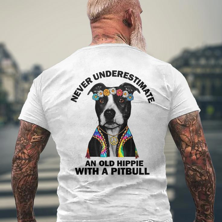 Never Underestimate An Old Hippie With A Pitbull Mens Back Print T-shirt Gifts for Old Men