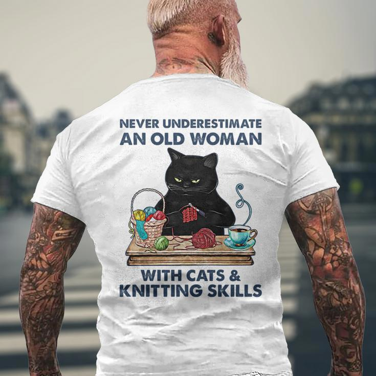 Never Underestimate And Old Woman With Cats And Knitting Mens Back Print T-shirt Gifts for Old Men