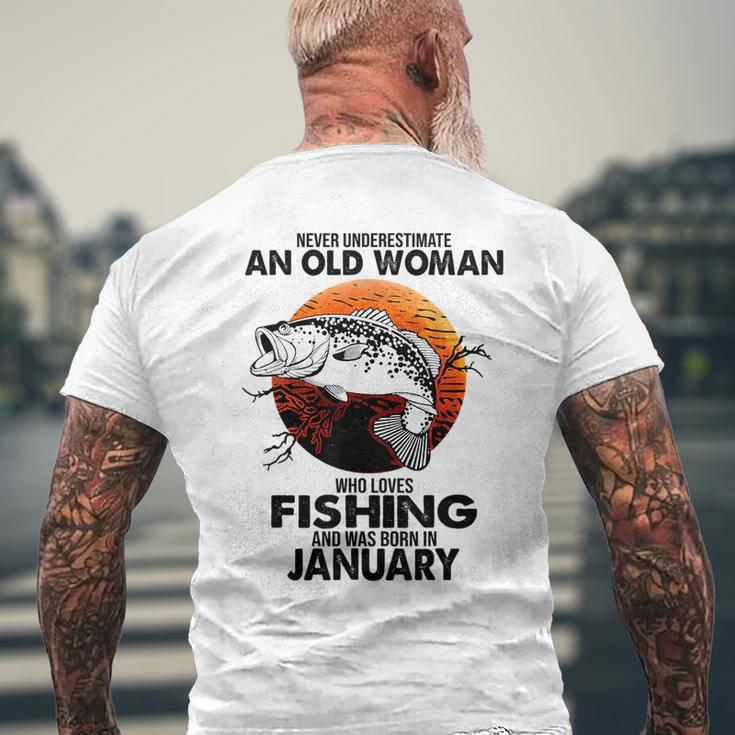 Never Underestimate Old Woman Loves Fishing Born In January Mens Back Print T-shirt Gifts for Old Men