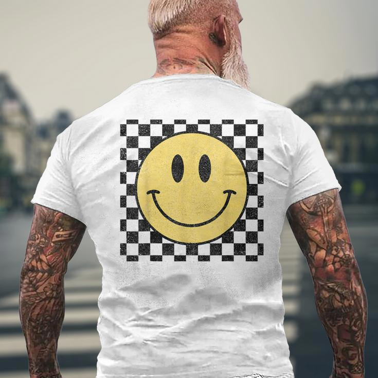 Retro Happy Face Distressed Checkered Pattern Smile Face Mens Back Print T-shirt Gifts for Old Men