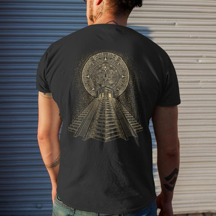 Ancient Sacred Mayan Aztec Calendar Pyramid Geometry Mens Back Print T-shirt Gifts for Him