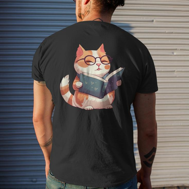 Bookish Cat With Glasses - Cute & Intellectual Design Mens Back Print T-shirt Gifts for Him