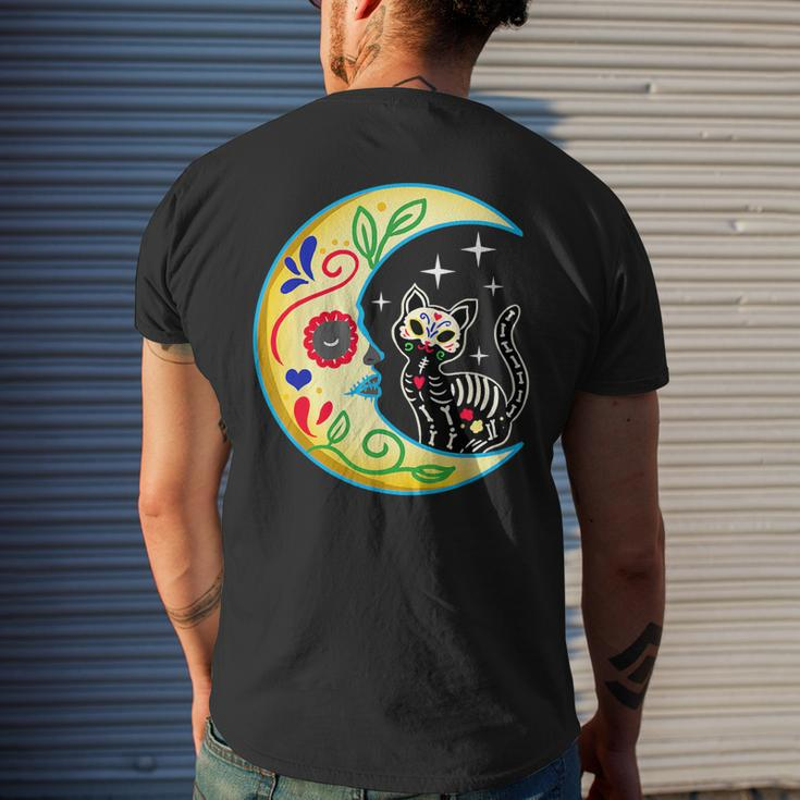 Cat & Moon Sugar Skull Dia De Los Muertos Day Of The Dead Men's T-shirt Back Print Gifts for Him
