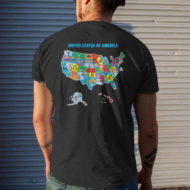 Colorful United States Of America Map Us Landmarks Icons Men's T-shirt Back Print Gifts for Him