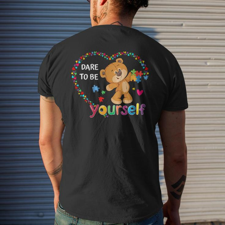 Dare To Be Yourself Autism Awareness Bear Heart Puzzle Piece Mens Back Print T-shirt Gifts for Him