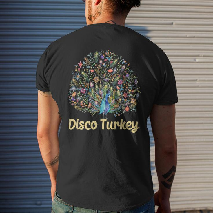 Disco Turkey Funny Peacock Feathers Fancy Thanksgiving Day Mens Back Print T-shirt Gifts for Him