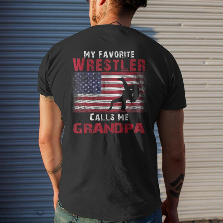 My Favorite Wrestler Calls Me Grandpa Fathers Day Usa Flag Men's Back Print T-shirt Gifts for Him