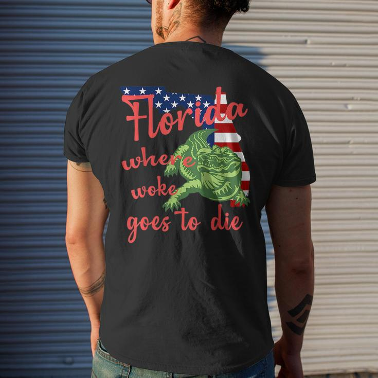 Florida Where Woke Goes To Die American Flag And Alligator Mens Back Print T-shirt Gifts for Him