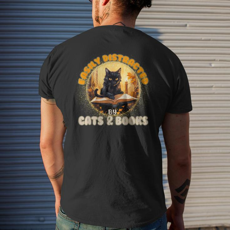 Funny CatEasily Distracted By Cats And Books Mens Back Print T-shirt Gifts for Him