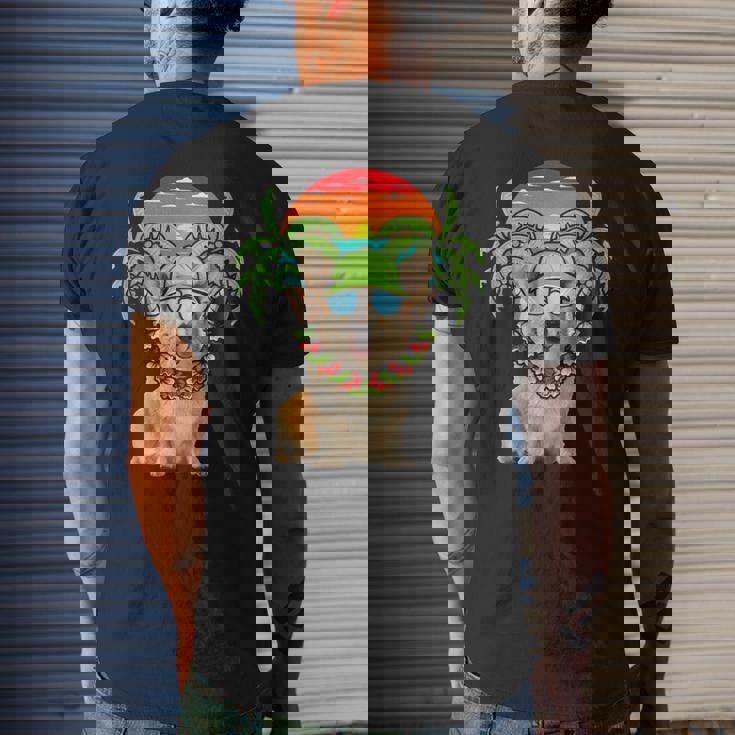 Hawaiian Corgi Dog Wearing Sunglasses Sunset On Beach Summer Mens Back Print T-shirt Gifts for Him