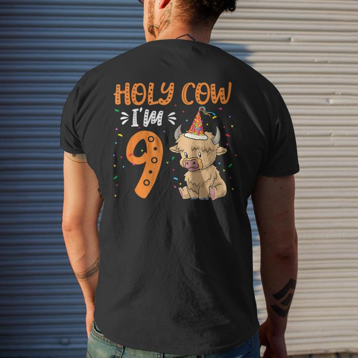 Holy Cow Im 9 Scottish Highland Cow Print 9Th Birthday Girl Mens Back Print T-shirt Gifts for Him
