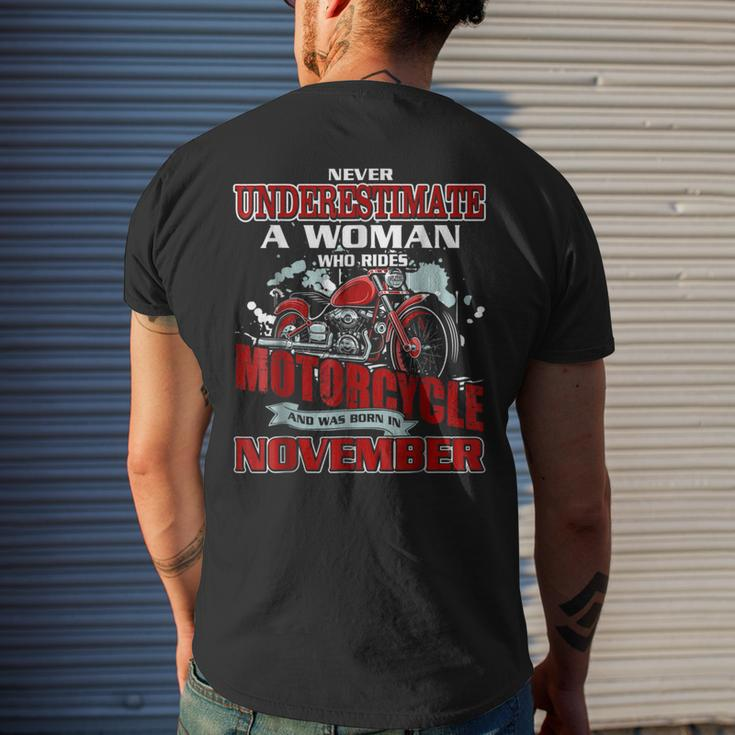 Never Underestimate A Woman Who Rides Motorcycle In November Mens Back Print T-shirt Gifts for Him