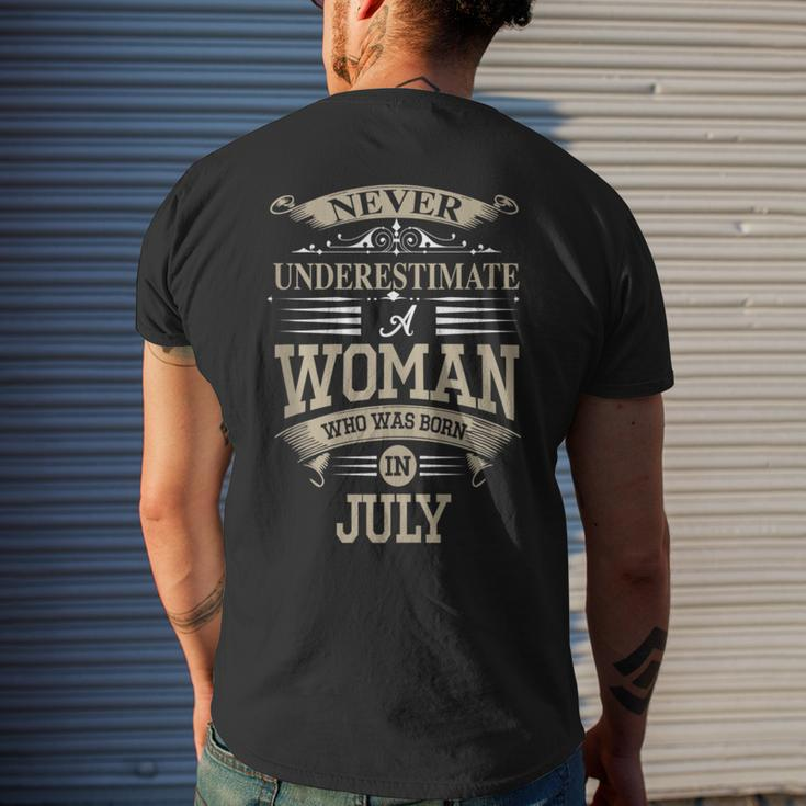 Never Underestimate A Woman Who Was Born In July Mens Back Print T-shirt Gifts for Him