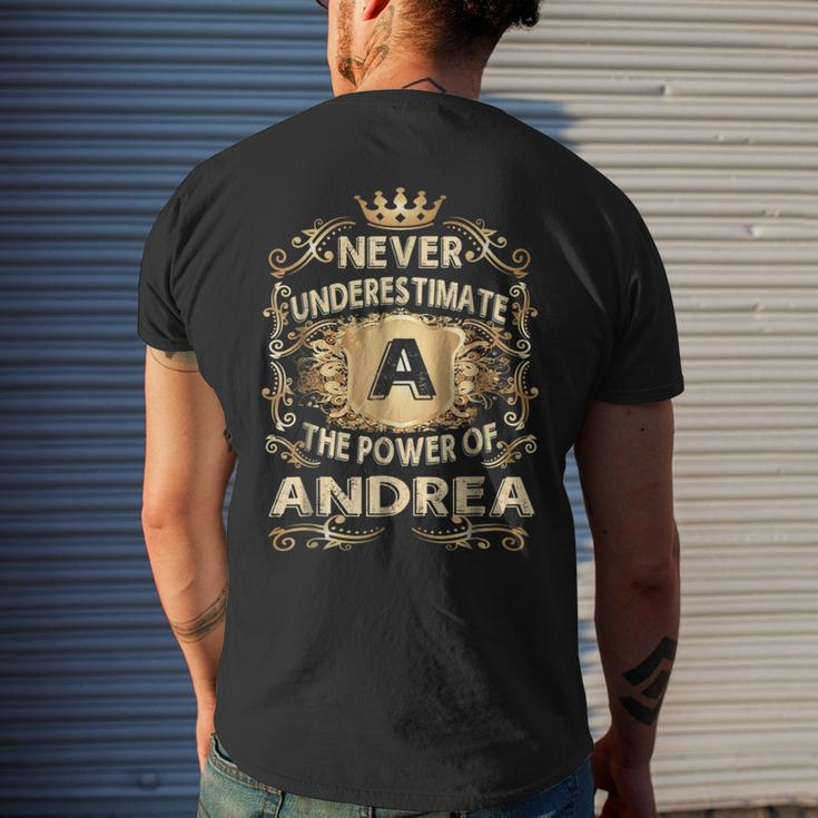 Never Underestimate Andrea Personalized Name Mens Back Print T-shirt Gifts for Him