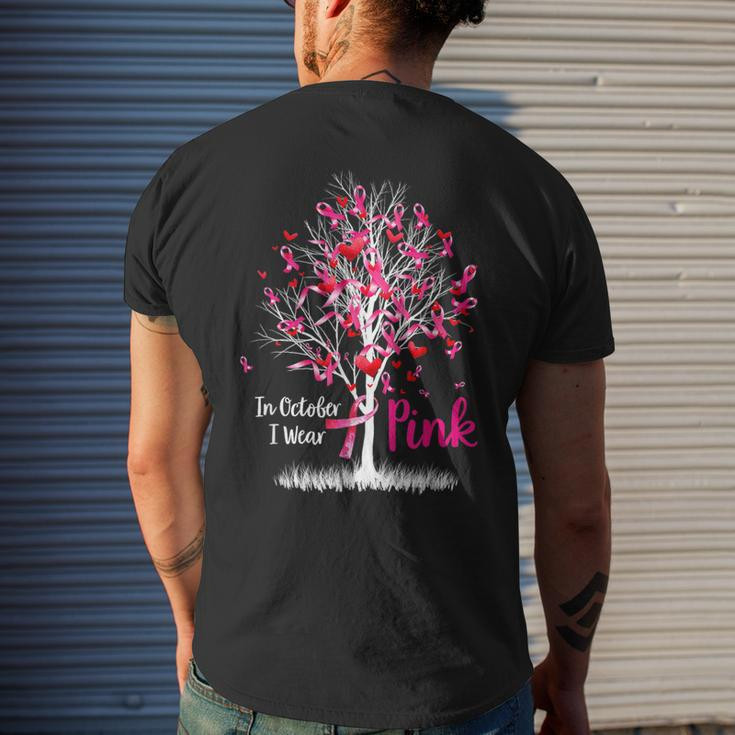 In October We Wear Pink Tree Ribbon Breast Cancer Awareness Men's T-shirt Back Print Gifts for Him