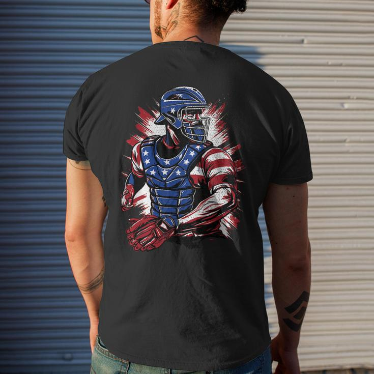 Patriotic Baseball Catcher Vintage American Flag 4Th Of July Mens Back Print T-shirt Gifts for Him