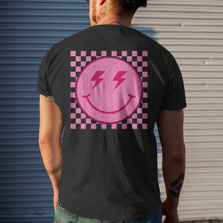 Pink Happy Face Checkered Pattern Smile Face Trendy Smiling Men's T-shirt Back Print Gifts for Him