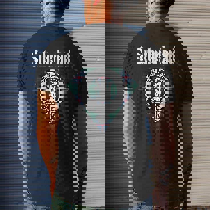 Sutherland Clan Scottish Name Coat Of Arms Tartan Mens Back Print T-shirt Gifts for Him