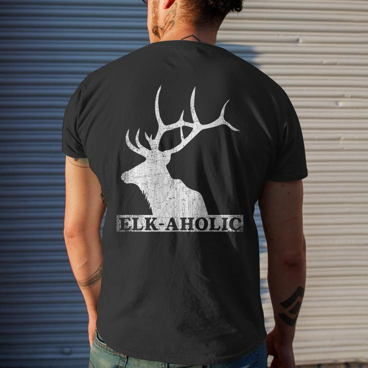 Vintage Elkaholic Funny Elk Hunter Elk-Aholic Distressed Mens Back Print T-shirt Gifts for Him