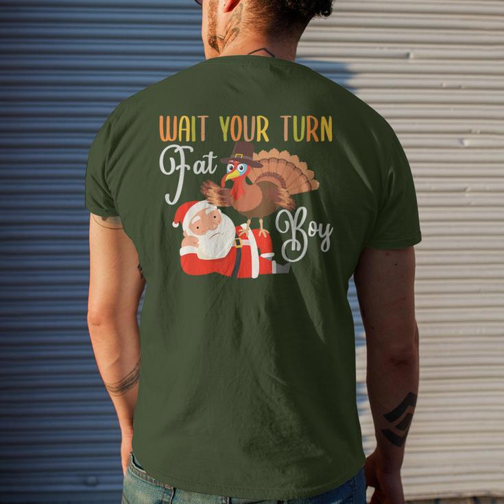 Thanksgiving Wait Your Turn Fat Boy Turkey & Santa Men's T-shirt Back Print Gifts for Him