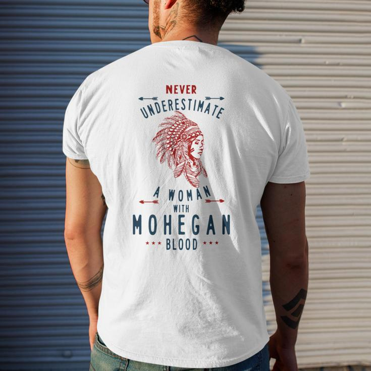Mohegan Native American Indian Woman Never Underestimate Mens Back Print T-shirt Gifts for Him