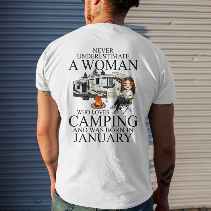 Never Underestimate A Woman Who Love Camping Born In January Mens Back Print T-shirt Gifts for Him