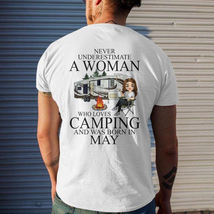 Never Underestimate A Woman Who Love Camping Born In May Mens Back Print T-shirt Gifts for Him