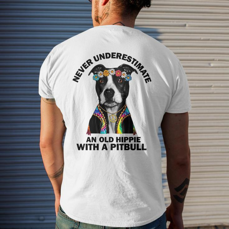 Never Underestimate An Old Hippie With A Pitbull Mens Back Print T-shirt Gifts for Him