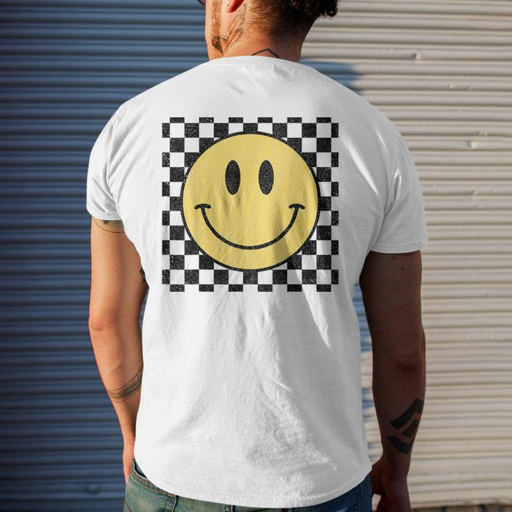 Retro Happy Face Distressed Checkered Pattern Smile Face Mens Back Print T-shirt Gifts for Him
