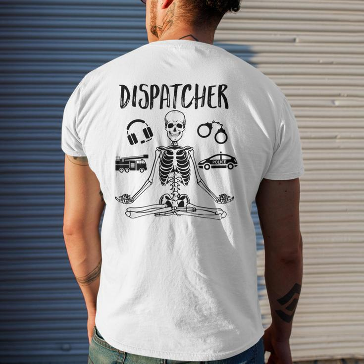 Spooky Dispatcher 911 Halloween Police Skeleton Meditating Men's T-shirt Back Print Gifts for Him