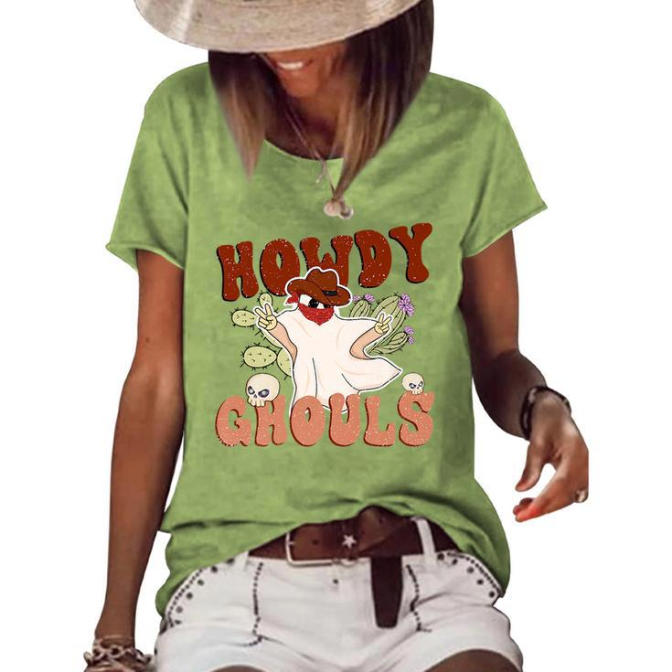 Funny Howdy Ghouls Retro Western Cowboy Retro Halloween Women's Short Sleeve Loose T-shirt