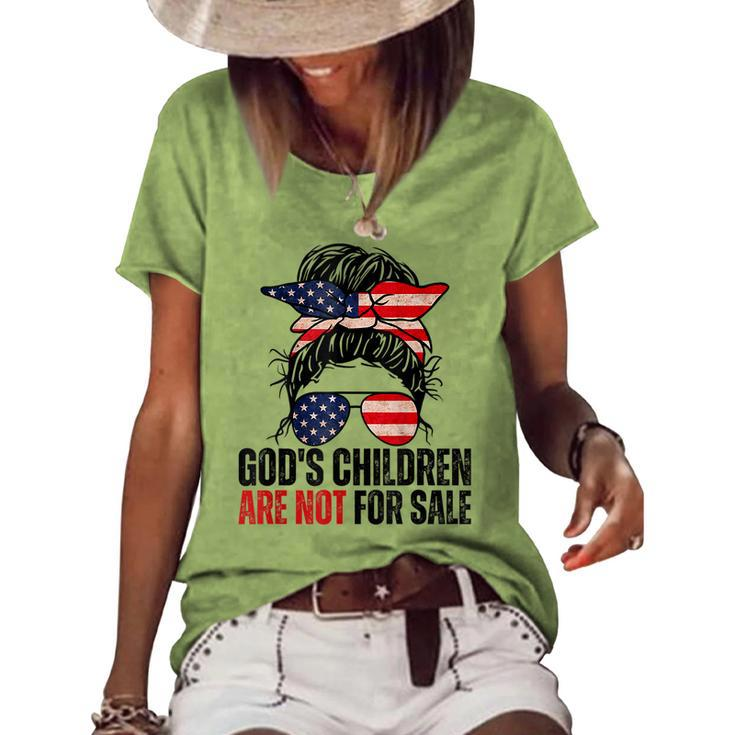 Gods Children Are Not For Sale - Messy Bun Usa Flag Glasses Usa Funny Gifts Women's Short Sleeve Loose T-shirt