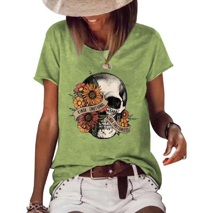 Kinda Emotional Emotionless Flower Skull Vintage Skeleton Women's Short Sleeve Loose T-shirt