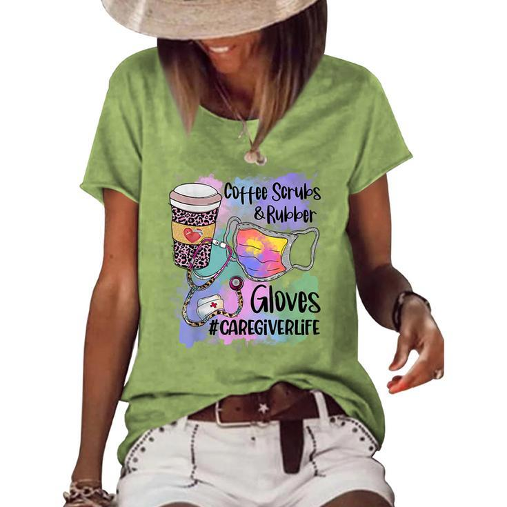 Tie Dye Leopard Caregiver Life Coffee Scrub Rubber Gloves Women's Loose T-shirt