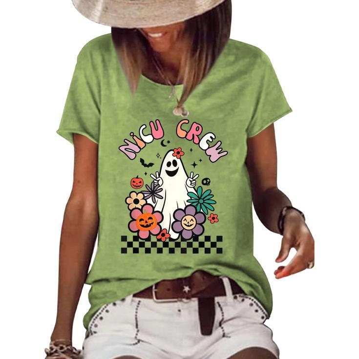 Retro Halloween Nicu Crew Nurse Groovy Floral Ghost Boo Women's Loose T-shirt