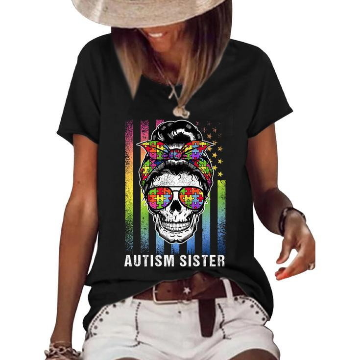 Autism Sister Cool Messy Bun Girl Usa American Flag Vintage   Gifts For Sister Funny Gifts Women's Short Sleeve Loose T-shirt