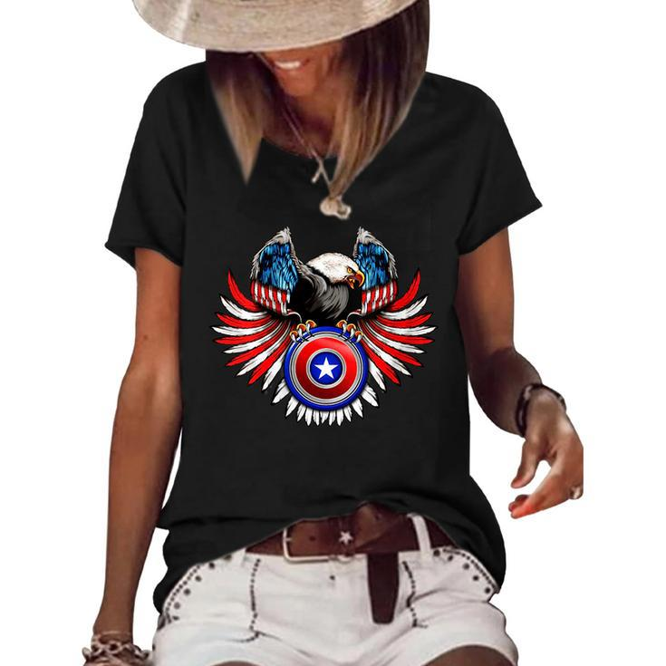 Crest Eagle Shield Wings Star American Flag 4Th Of July Women's Short Sleeve Loose T-shirt
