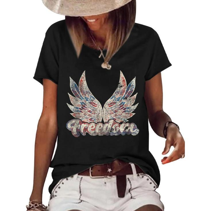 Freedom Wings July 4Th Patriotic Retro Angel Wings Usa  Patriotic Funny Gifts Women's Short Sleeve Loose T-shirt
