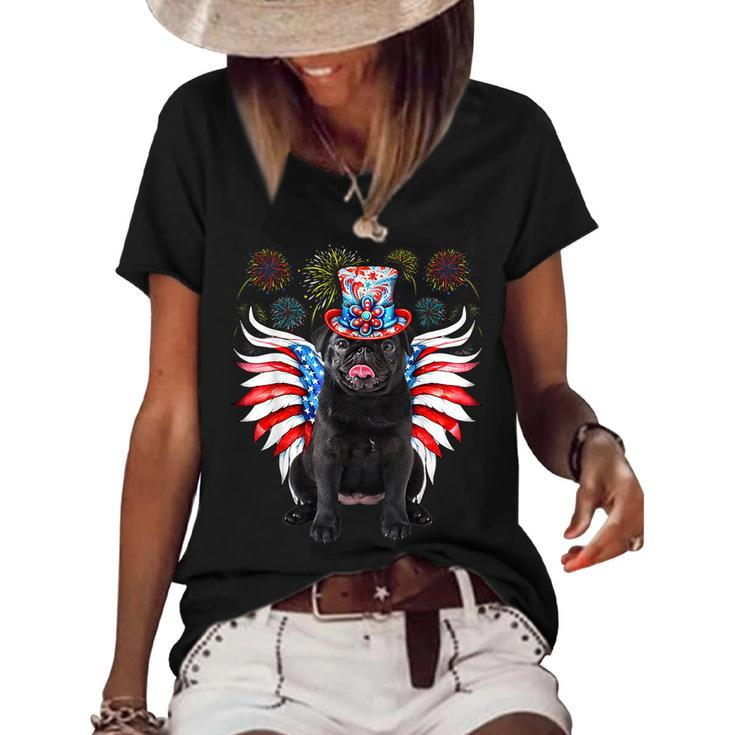 Funny Black Pug 4Th Of July Dog Usa Eagle Wing Flag Dad Mom Gifts For Mom Funny Gifts Women's Short Sleeve Loose T-shirt