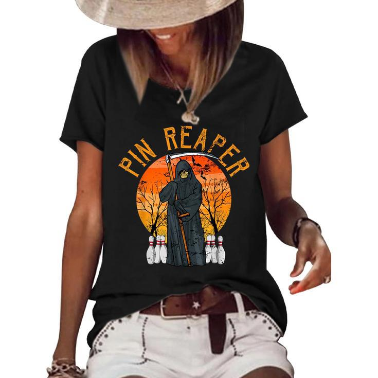 Funny Death Bowling Grim Reaper Bowler Gifts Men Or Women Women's Short Sleeve Loose T-shirt