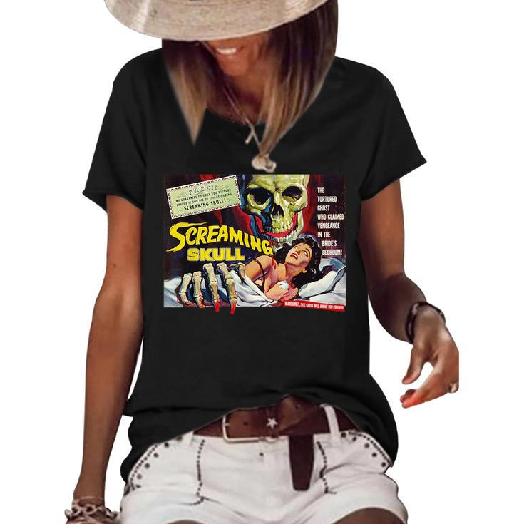 Giant Skull Classic Halloween Monster Poster Horror Movie Women's Short Sleeve Loose T-shirt