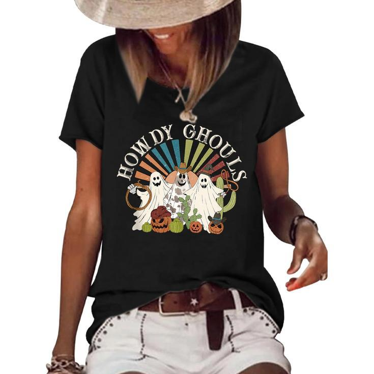 Howdy Ghouls Retro Sunshine Funny Ghosts Halloween Western  Halloween Funny Gifts Women's Short Sleeve Loose T-shirt