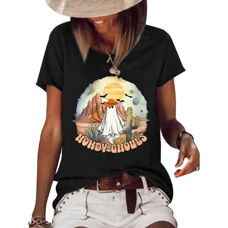 Howdy Ghouls Retro Western Country Cowboy Cowgirl Halloween Women's Short Sleeve Loose T-shirt