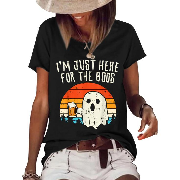 Im Just Here For The Boos Retro Ghost Beer Halloween Costume Women's Short Sleeve Loose T-shirt