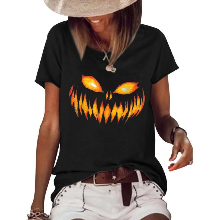 Jack O Lantern Scary Carved Pumpkin Face Halloween Costume Women's Short Sleeve Loose T-shirt