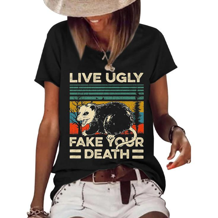Live Ugly Fake Your Death Retro Vintage Opossum   Women's Short Sleeve Loose T-shirt