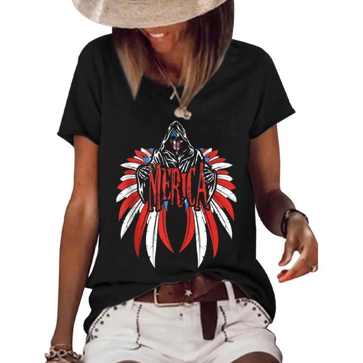 Merica Skull Freedom Wings American Flag 4Th Of July  Freedom Funny Gifts Women's Short Sleeve Loose T-shirt
