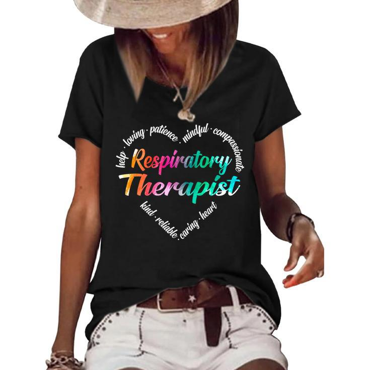 Respiratory Therapist Heart Word Cloud Watercolor Rainbow Women's Loose T-shirt